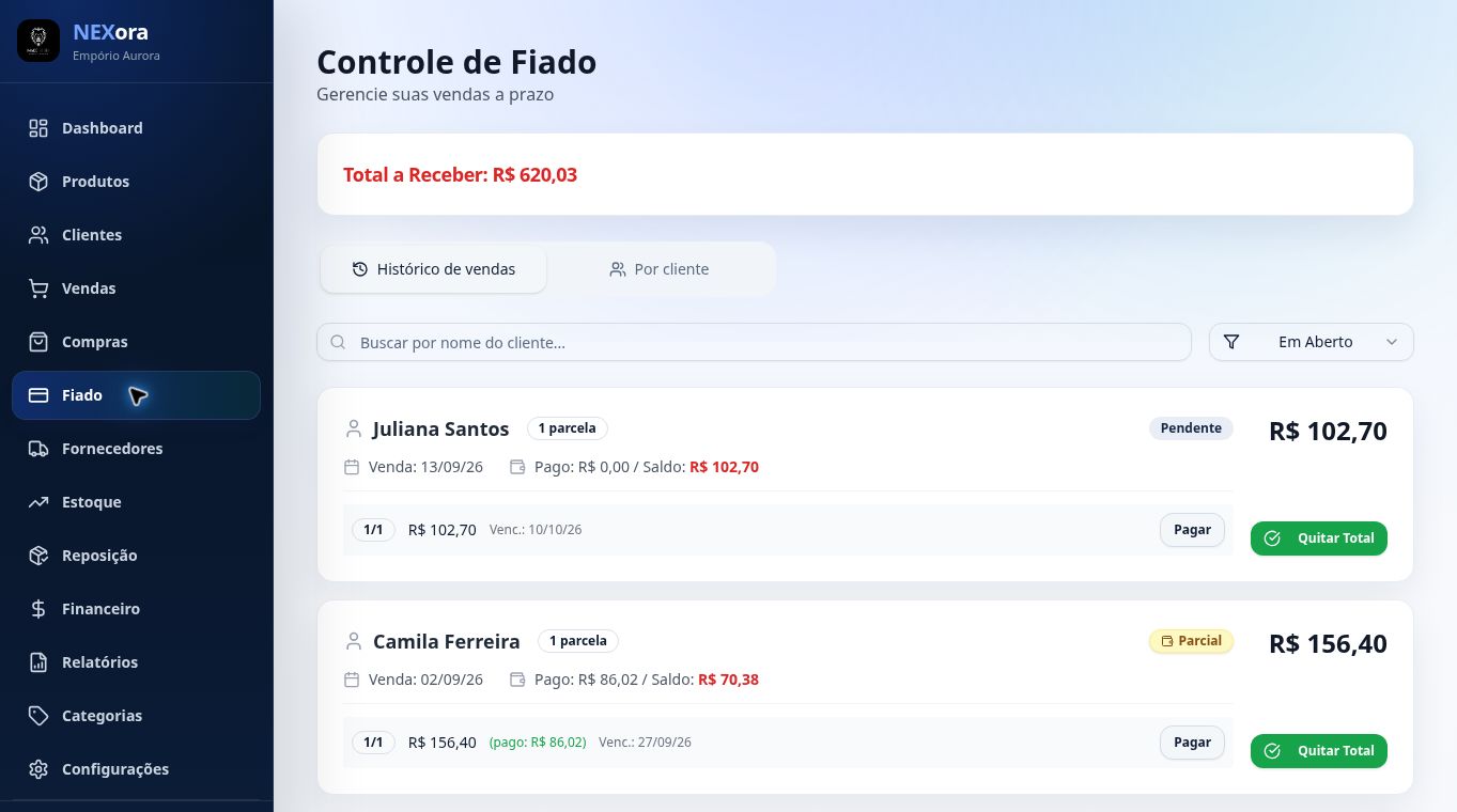 Tela real do Nexora com valores, vencimentos e histórico de fiado por cliente