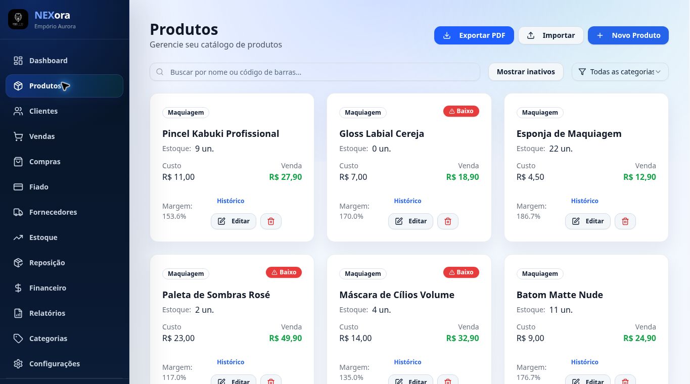 Tela real do Nexora com produtos, quantidades em estoque, custos e preços
