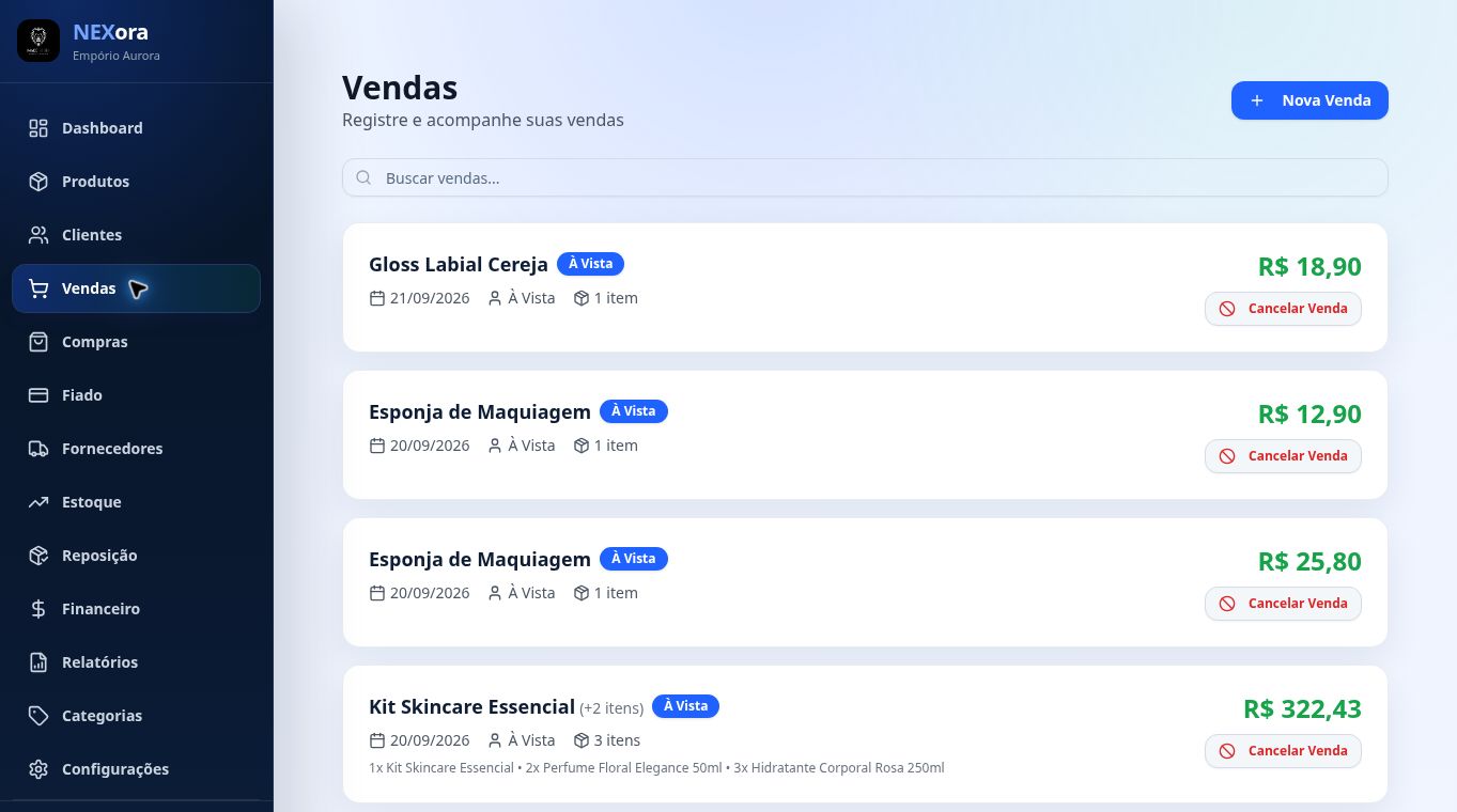 Tela real do Nexora com histórico organizado das vendas